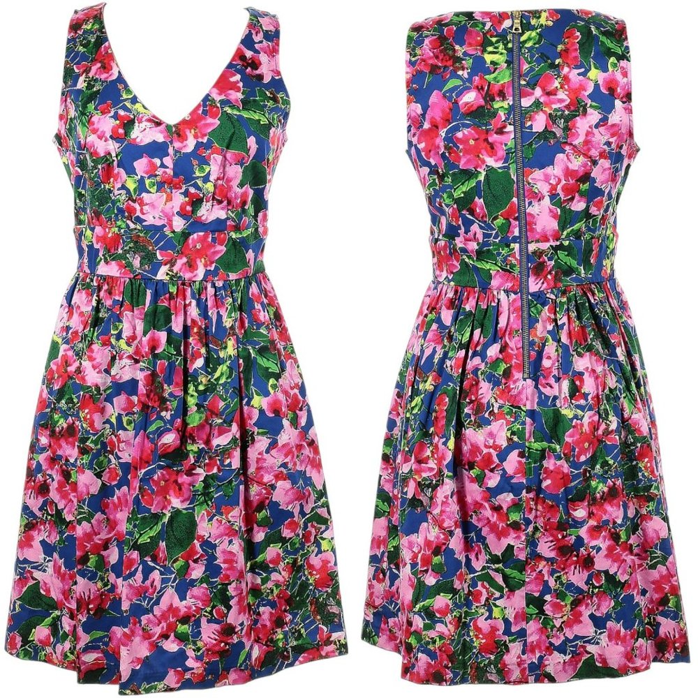 Milly Floral V-Neck Midi Dress in Navy, Pink & Green